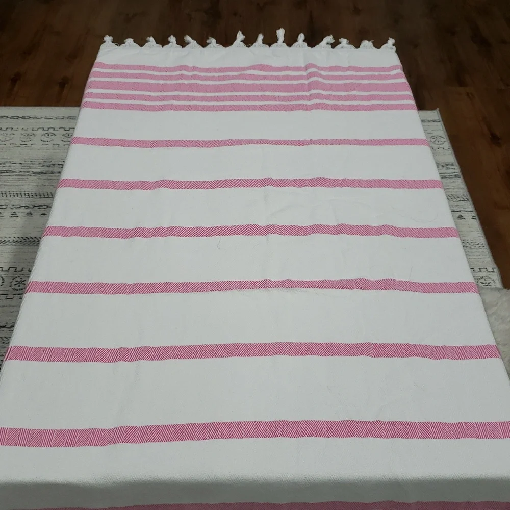 Pink and White Striped Tasseled Towel